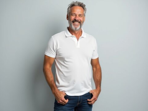 Hombre de mediana edad sonriente con jeans casuales y camisa polo de pie sobre un fondo s&oacute;lido gris