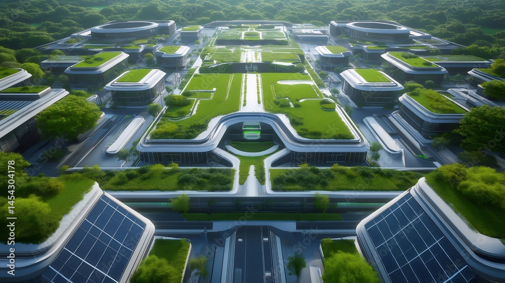 Poster 未来都市の緑化された建築物デザイン俯瞰図 美しい太陽光と影のコントラストによるモダンな都市景観