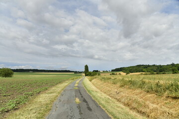 Route de campagne sous un ciel nuageux entre les bourgs de Champagnes et Vendoire au P&eacute;rigord Vert 