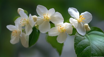 Delicate white blossoms in soft focus, a close-up view of several flowers on a branch with green leaves.  Soft light highlights the petals and stamens