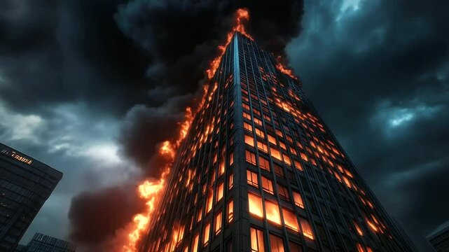 A towering skyscraper consumed by raging flames, thick black smoke billowing into the night sky as emergency lights flash below, symbolizing disaster and urgency.