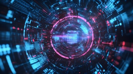 Fototapeta premium 3D render of a complex, glowing circular tunnel filled with swirling digital data streams.