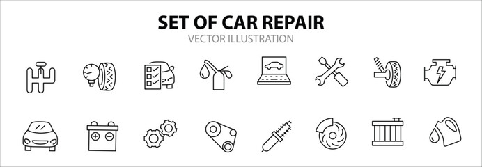  Line Icon Set Related to car Repair, Maintenance.