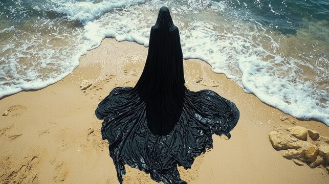 Mysterious figure in black fabric stands on sandy beach near ocean waves at sunset