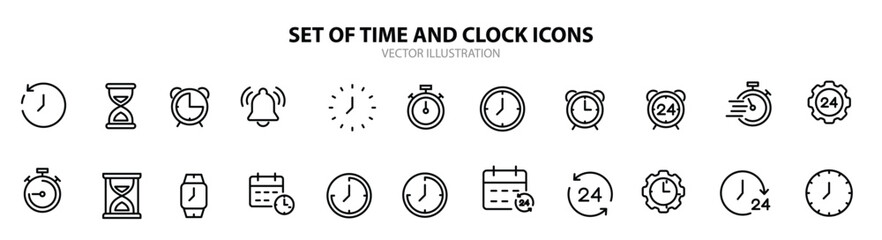 Time and clock line icons. Vector linear icon set