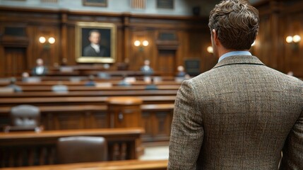Fototapeta premium Courtroom scene, man faces judges, dark wood interior