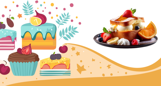 Illustration of a colorful cake display case, displaying a variety of delicious baked goods.