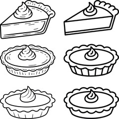 Set of Thanksgiving Pie Line Art Vectors with Whipped Cream Toppings