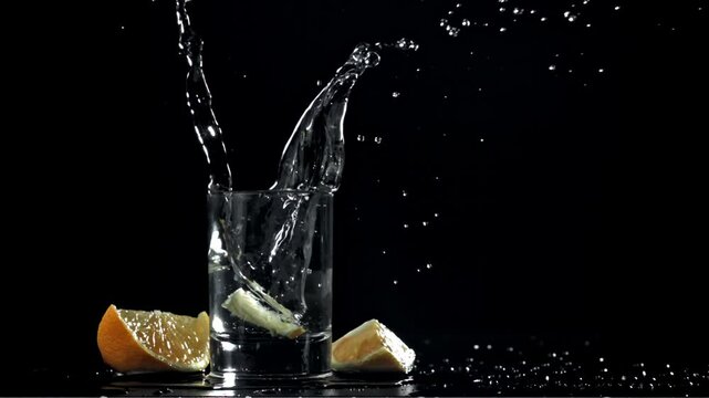 A slice of lemon falls into a glass of vodka. Filmed on a high-speed camera at 1000 fps. High quality FullHD footage