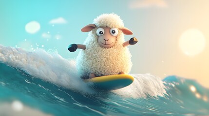 3D render of a cartoon sheep joyfully surfing a turquoise wave under a sunny sky.
