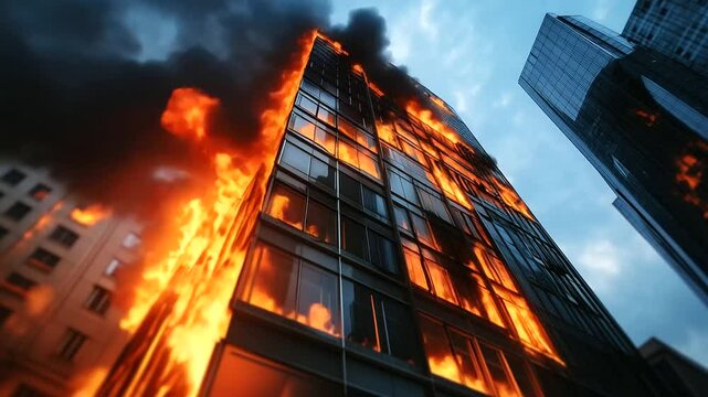 A dramatic close-up of a burning skyscraper, the flames reflected in the glass of nearby buildings, symbolizing destruction and urban vulnerability.