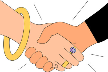 Handshake with rings as symbol of trust and connection. Fashion shopping deal