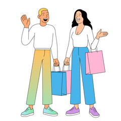 Happy man and woman talking after shopping with bags in hand