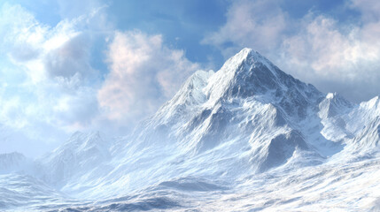 Obraz premium Majestic snow-covered mountain peaks rise dramatically against a backdrop of fluffy white clouds and a serene blue sky, creating a breathtaking winter landscape.