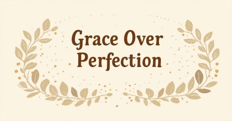 Elegant design features text Grace Over Perfection framed by leafy branches. Soft beige background creates calming aesthetic.