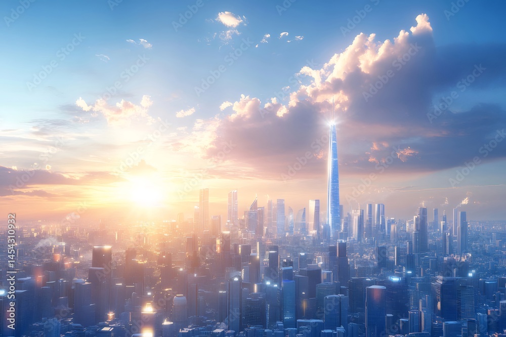 Aufkleber 夕焼け空の下の現代都市 高層ビルのシルエットと輝く光景 活気ある都市風景の美しいパノラマ