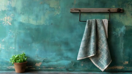 Textured teal wall with a rustic towel holder and a pot of fresh, green basil.