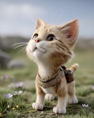 Playful Cartoon Kitten with a Curious Expression in a Lush Green Outdoor Setting
