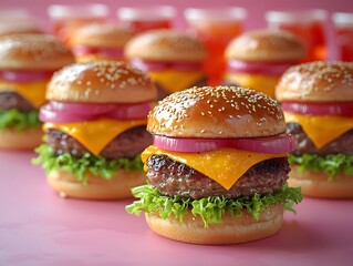 Miniature burgers with lettuce and cheese arranged in a playful diagonal pattern