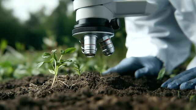 A researcher using a portable microscope to examine soil microbes, with small roots and organic matter visible in the magnified view.