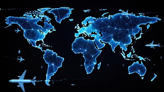 Futuristic world map showcases glowing blue continents and flying aircraft. Perfect for scifi themes, travel concepts, and global connectivity visuals.