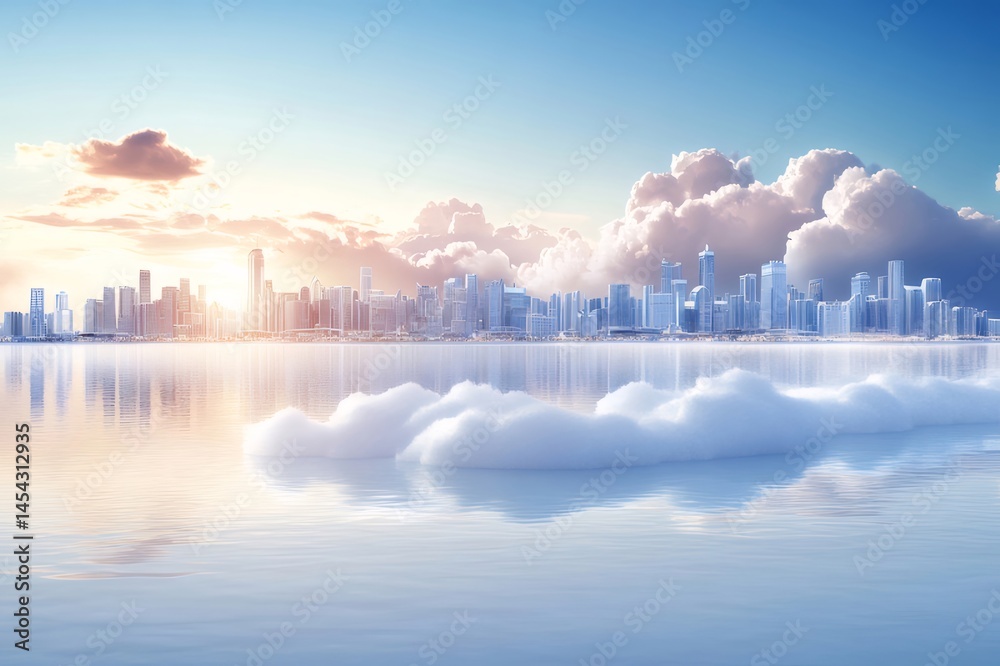 Aufkleber 水面に映る都市と空の風景 光と雲が織りなす幻想的なパノラマ 光と影のコントラスト