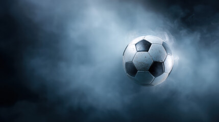 Fototapeta premium A classic black and white soccer ball emerges dramatically from a swirling cloud of dark blue smoke or fog in a dynamic and visually striking composition.
