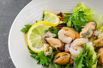 Salad seafood shrimp, mussels, squid, rapawn, prawn, green mixed leaf dish fresh food background on the table rustic food top view copy space 
