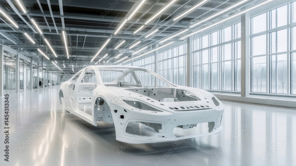 Aufkleber 白い自動車フレームが明るい工場内で未来的なデザインを見せる
