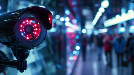 Close-up of surveillance camera with blinking red LED light monitoring retail store aisle, security and monitoring concept for shopping mall or supermarket.