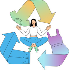 Woman meditating inside recycling symbol with sustainable fashion theme