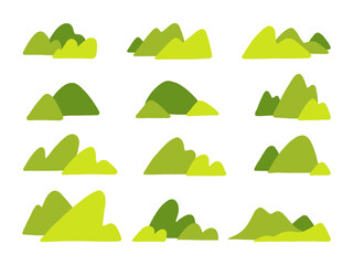 Cartoon Style Mountain Hill Silhouette. A playful collection of 12 cartoon style mountain and hill silhouettes featuring whimsical terrain forms. Perfect for maps games and nature themed illustrations