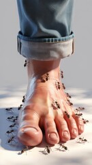 Human foot swarmed by black ants on white floor in animated perspective