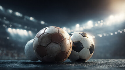 Three soccer balls rest on a dark field, illuminated by stadium lights in the background creating a sense of anticipation for the upcoming match or event.