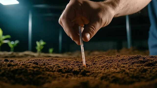 A researcher dropping a soil sample onto a pH test strip, watching as the color shifts to indicate acidity or alkalinity.