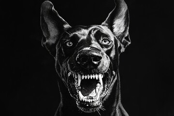 A fierce doberman bursts from the darkness, barking with a menacing expression while showing its sharp teeth and glaring eyes. The artwork highlights its aggressive stance in striking detail