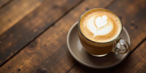 Aromatic latte art in a glass cup rests on a saucer atop a rustic wooden surface