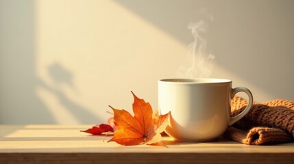 Warm autumnal beverage in a mug, next to fallen leaves and a cozy knit fabric, bathed in sunlight
