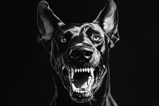 A fierce doberman bursts from the darkness, barking with a menacing expression while showing its sharp teeth and glaring eyes. The artwork highlights its aggressive stance in striking detail