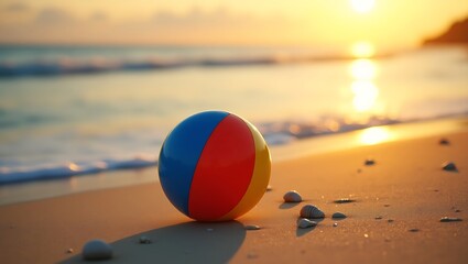 Obraz premium Beach Ball at Sunset on Sandy Shore Summer Vacation