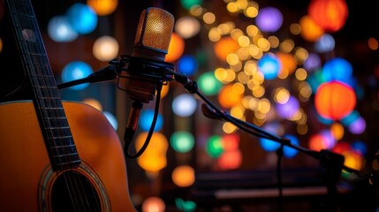 Studio microphone near acoustic guitar, warm creative vibe with colorful bokeh
