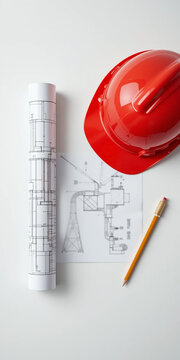 horizontal flat lay background of fire safety officers red color helmet, construction drawing papers and pencil near by with copy space 