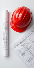 vertical mobile background of red hardhat on a table and some blue print drawing papers and role around 