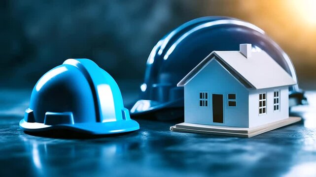 A charming tiny house placed under a contractor&rsquo;s helmet, representing home insurance policies and protection against unforeseen accidents.