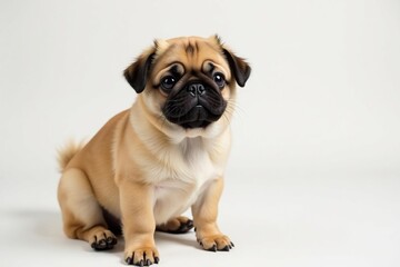 Obraz premium A fluffy brown pug poses against a plain white backdrop , eyes, pet photo