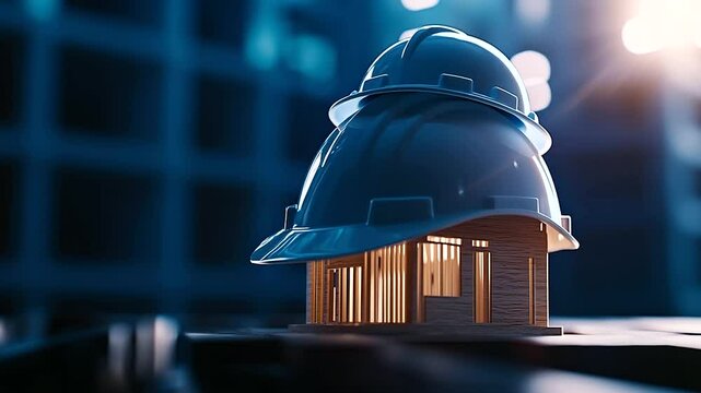 A hard hat resting atop a miniature wooden home, symbolizing construction safety, liability protection, and property durability.