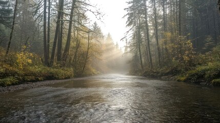 Obraz premium Foggy forest with sunlight filtering through the trees, river running gently through the woods