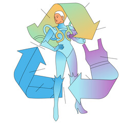 Futuristic fashion figure with recycling arrows and sustainable theme