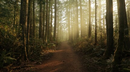 Fototapeta premium Forest path surrounded by tall trees, fog lifting, golden sunshine streaming through the branches