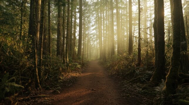 Forest path surrounded by tall trees, fog lifting, golden sunshine streaming through the branches
